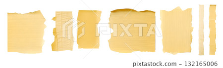 Stripes of light ripped yellow textured adhesive kraft paper masking tape on transparent background cutout, PNG file. Mockup template for artwork design. Many different size and length 132165006