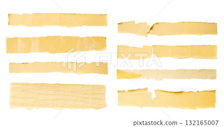 Stripes of light ripped yellow textured adhesive kraft paper masking tape on transparent background cutout, PNG file. Mockup template for artwork design. Many different size and length 132165007