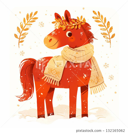 Cheerful red horse wearing a scarf and crown in a winter setting with snowflakes and leaves Cheerful red horse wearing a scarf and crown in a winter setting with snowflakes and leaves 132165062