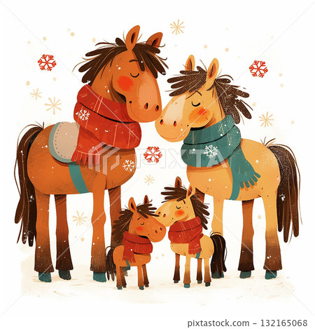 Family of horses wearing scarves in a snowy landscape during winter 132165068