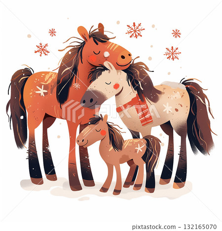 Family of cartoon horses enjoy a winter day with snowflakes falling in a cheerful scene 132165070