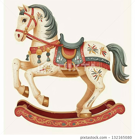 Vintage rocking horse with colorful decorations, an inviting piece for children's playtime and decor Vintage rocking horse with colorful decorations, an inviting piece for children's playtime and decor 132165080