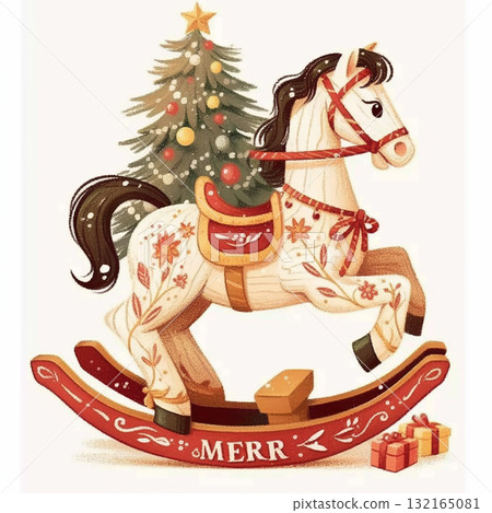 Rocking horse under a decorated Christmas tree with presents around it during the holiday season 132165081