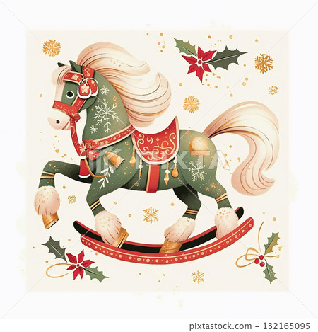 Colorful rocking horse decorated with holiday motifs and surrounded by festive elements during winter season 132165095
