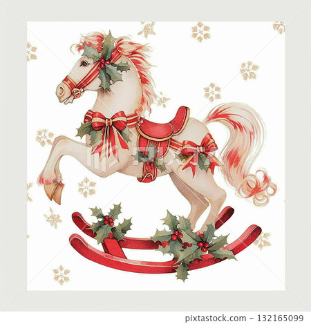 Decorative rocking horse with festive ribbons and holly, perfect for holiday celebrations Decorative rocking horse with festive ribbons and holly, perfect for holiday celebrations 132165099