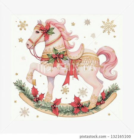 Decorative pink rocking horse adorned with festive ornaments and holly in a winter wonderland scene Decorative pink rocking horse adorned with festive ornaments and holly in a winter wonderland scene 132165100