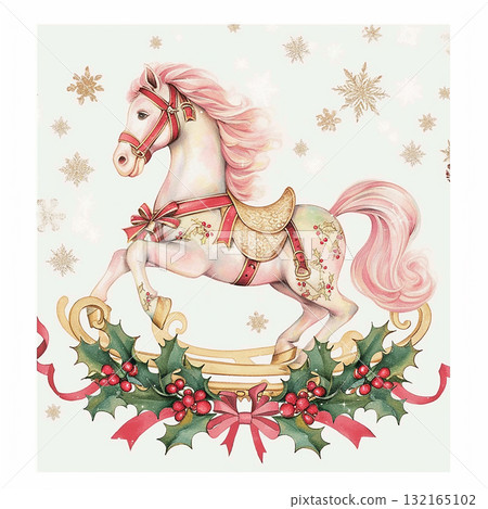 Vintage rocking horse decoration with winter theme and festive details for holiday celebrations Vintage rocking horse decoration with winter theme and festive details for holiday celebrations 132165102
