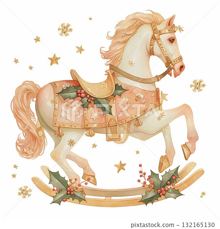 Decorative rocking horse against a festive background featuring gold stars and holly leaves Decorative rocking horse against a festive background featuring gold stars and holly leaves 132165130