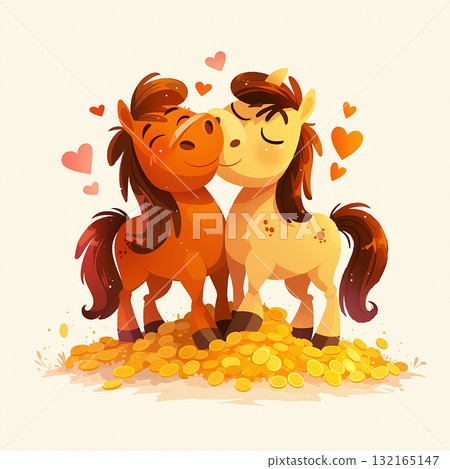 Two adorable cartoon ponies sharing love on a pile of golden coins surrounded by hearts 132165147