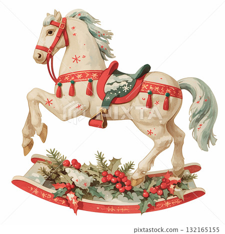 Holiday rocking horse ready for festive celebrations with vibrant colors and charming decorations Holiday rocking horse ready for festive celebrations with vibrant colors and charming decorations 132165155