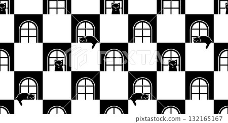 black cat seamless pattern kitten window checked vector calico doodle cartoon tile background gift wrapping paper pet animal illustration repeat wallpaper scarf isolated 132165167