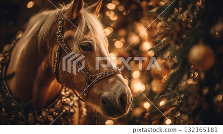 Horse adorned with festive decorations in a cozy, illuminated setting during the holiday season 132165181