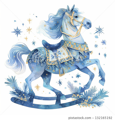 Beautiful rocking horse illustration in blue tones with winter decorations and sparkles depicting a charming scene 132165192