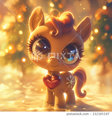 Cute pony with large eyes standing in snow near decorated trees during winter holiday season Cute pony with large eyes standing in snow near decorated trees during winter holiday season 132165197