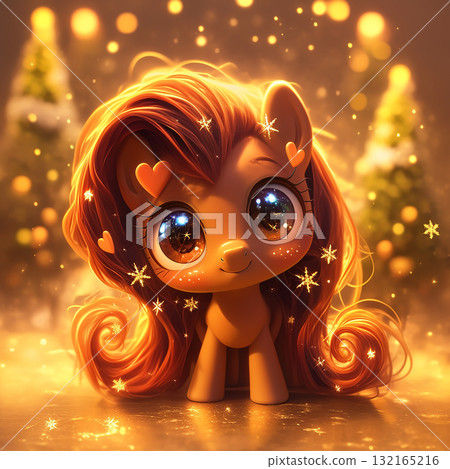 Cute pony with sparkling eyes and a whimsical background during a winter celebration in a magical forest setting Cute pony with sparkling eyes and a whimsical background during a winter celebration in a magical forest setting 132165216