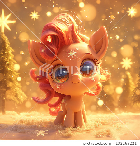 Cute pony with sparkling eyes stands in snowy landscape surrounded by twinkling stars and Christmas trees Cute pony with sparkling eyes stands in snowy landscape surrounded by twinkling stars and Christmas trees 132165221