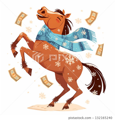 Happy horse celebrating winter with money and snowflakes in a fun and festive scene 132165240