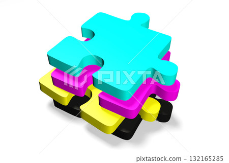 CMYK - cyan, magenta, yellow and black jigsaw puzzle pieces 132165285