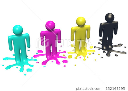 CMYK - cyan, magenta, yellow and black cartoon characters and paint blots CMYK - cyan, magenta, yellow and black cartoon characters and paint blots 132165295