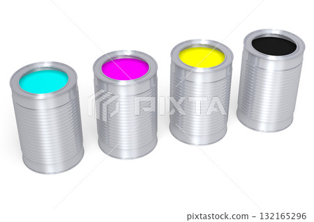 CMYK - cyan, magenta, yellow and black buckets with paint 132165296