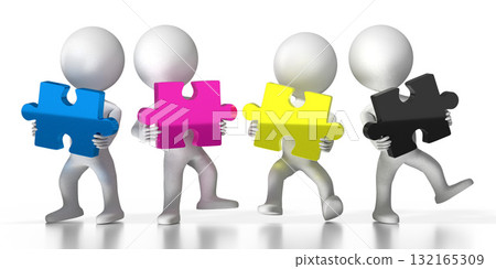 3D CMYK cartoon characters with puzzles on white background 3D CMYK cartoon characters with puzzles on white background 132165309