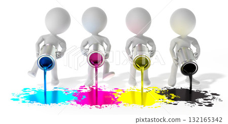 3D cartoon characters with CMYK buckets with paint 3D cartoon characters with CMYK buckets with paint 132165342
