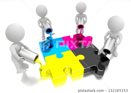 3D cartoon characters with CMYK buckets with paint 132165353