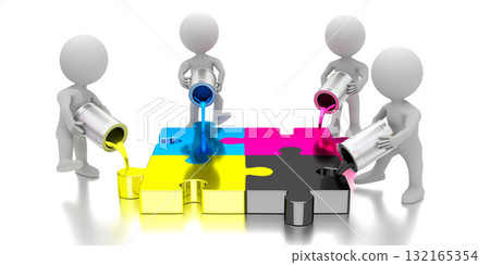 3D cartoon characters with CMYK buckets with paint 3D cartoon characters with CMYK buckets with paint 132165354