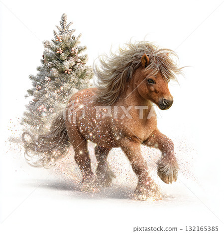 Pony runs through sparkling snow near decorated tree during winter season 132165385