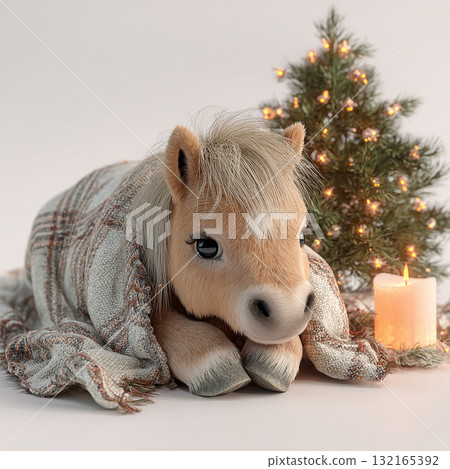 Cute pony wrapped in a cozy blanket by a decorated Christmas tree with a glowing candle in a warm, festive setting 132165392