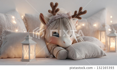 Cute winter-themed plush character with reindeer antlers relaxing on pillows in a cozy room decorated with lights 132165393