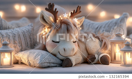 Cute horse with antlers sleeping peacefully surrounded by cozy pillows and soft glowing lanterns at night Cute horse with antlers sleeping peacefully surrounded by cozy pillows and soft glowing lanterns at night 132165394