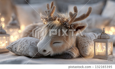 Cozy scene with a resting reindeer wearing a floral crown and surrounded by lanterns during a serene evening 132165395