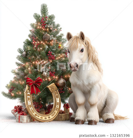 Christmas pony next to decorated tree with gifts and horseshoe ornament 132165396