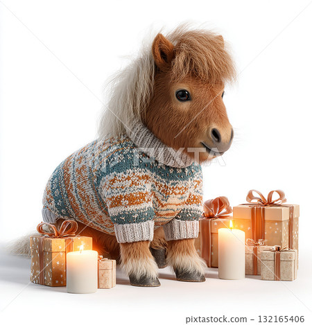 Miniature pony dressed in cozy sweater sitting by festive gifts and candles during holiday season celebration Miniature pony dressed in cozy sweater sitting by festive gifts and candles during holiday season celebration 132165406