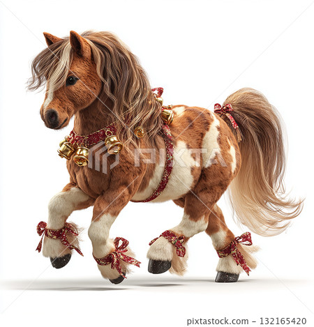 Colorful plush pony with festive decorations stands in a bright scene Colorful plush pony with festive decorations stands in a bright scene 132165420