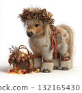 Small pony dressed in festive attire with a decorated basket during holiday season 132165430