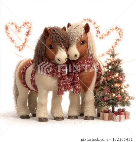 Two festive toy ponies in scarves surrounded by holiday decorations and a small Christmas tree with gifts 132165431