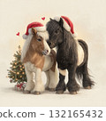 Two cheerful ponies in Santa hats stand together near a decorated Christmas tree and presents, celebrating the holiday season 132165432