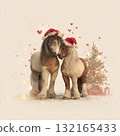 Two adorable ponies in Christmas hats stand together near a decorated tree, spreading holiday cheer 132165433