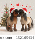 Two cute ponies wearing Santa hats celebrate the holiday season near a Christmas tree with hearts in the background 132165434