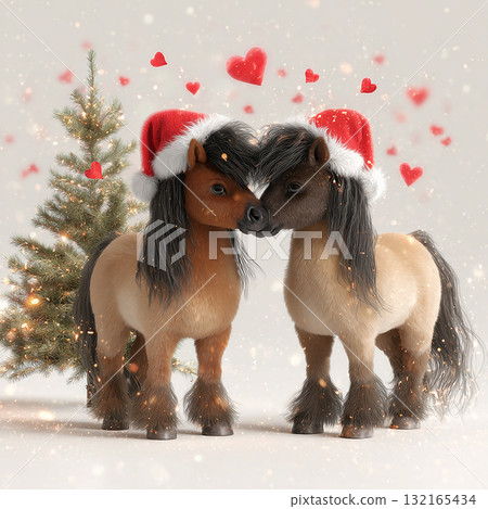 Two cute ponies wearing Santa hats celebrate the holiday season near a Christmas tree with hearts in the background 132165434