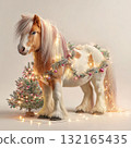 Miniature pony decorated with lights and garland beside a small Christmas tree during the holiday season 132165435