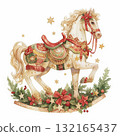 Decoratively adorned horse standing among festive greenery and stars during a holiday celebration 132165437