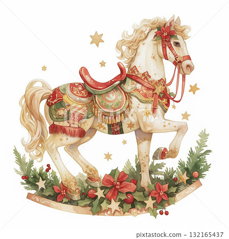 Decoratively adorned horse standing among festive greenery and stars during a holiday celebration 132165437