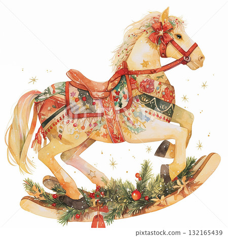 Decorative rocking horse adorned with colorful patterns, stars, and festive elements during the holiday season 132165439