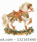 Beautiful vintage rocking horse decorated for Christmas with flowers and holly in festive colors and details 132165440