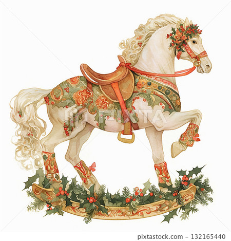 Beautiful vintage rocking horse decorated for Christmas with flowers and holly in festive colors and details 132165440