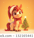 Cheerful cartoon pony wearing a Santa hat by a decorated Christmas tree with gifts in a festive setting 132165441