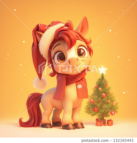 Cheerful cartoon pony wearing a Santa hat by a decorated Christmas tree with gifts in a festive setting 132165441